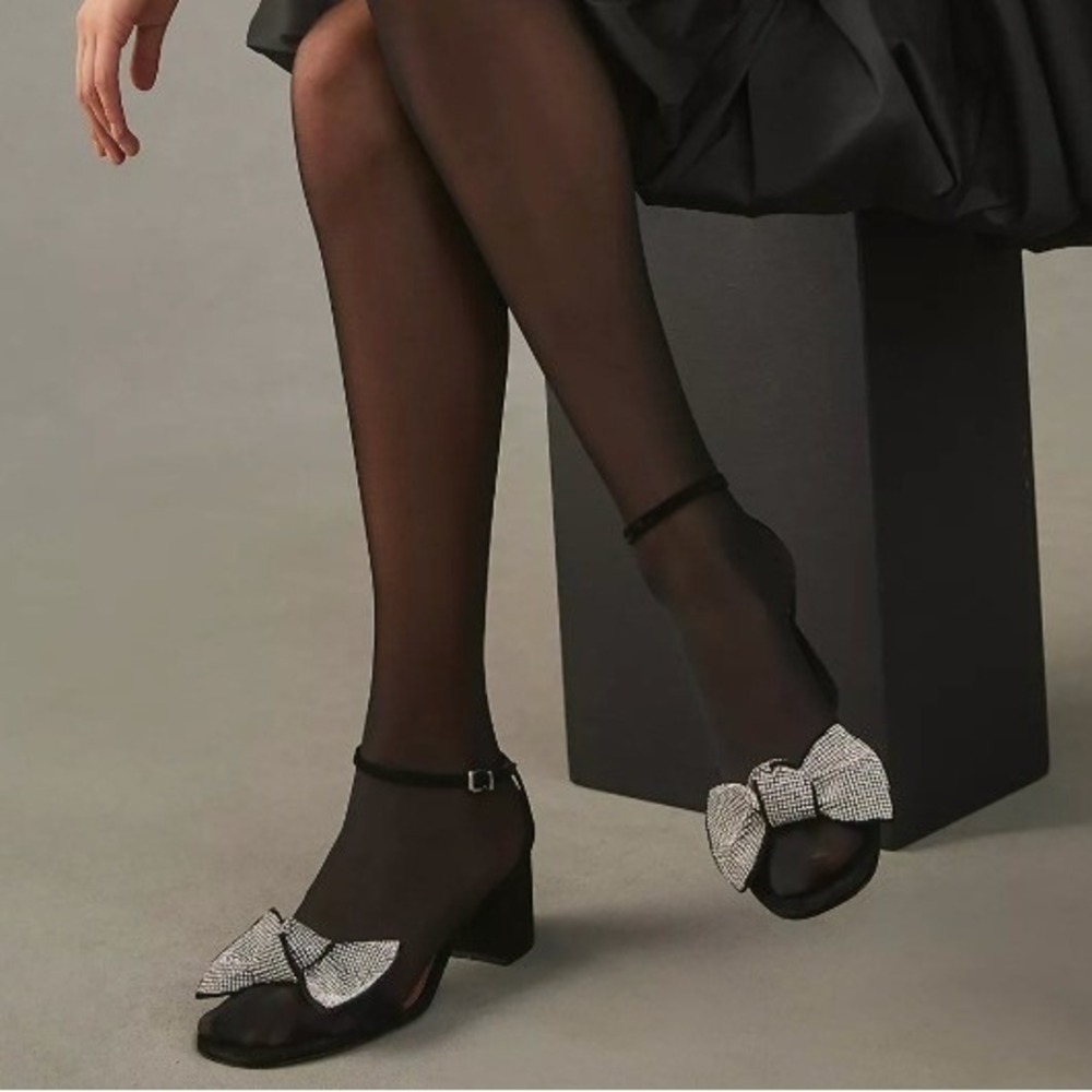 Anthropologie Vicenza Black Suede Rhinestone Bow Block Heel Sandals Women's US 9 - Picture 3 of 7